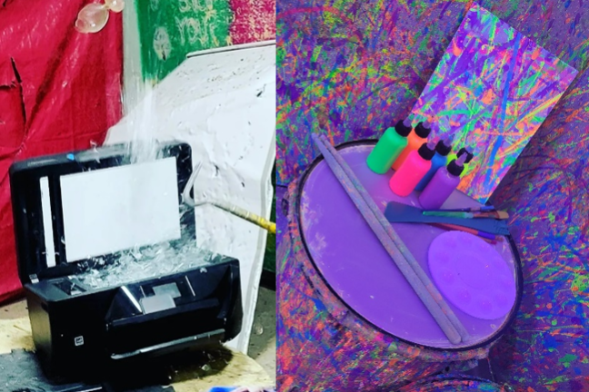 Smashed printer with paint-filled room and art supplies on the right.
