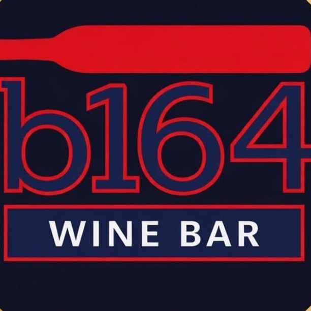 Logo: b164 Wine Bar with a red wine bottle above text on dark background.